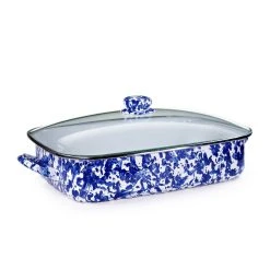 Golden Rabbit Enamelware 16" X 12.5" Roasting Pan With Lid | Cobalt Swirl