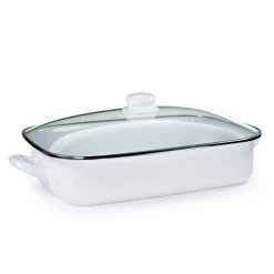 Golden Rabbit Enamelware 16" X 12.5" Roasting Pan With Lid | White